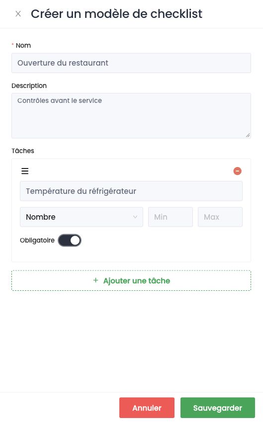 Tâche de type Nombre avec valeurs Min et Max, marquée Obligatoire