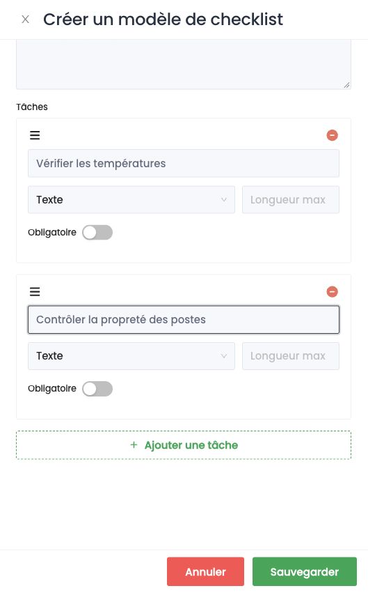 Panneau Créer un modèle de checklist : tâches de type Texte et bouton Ajouter une tâche