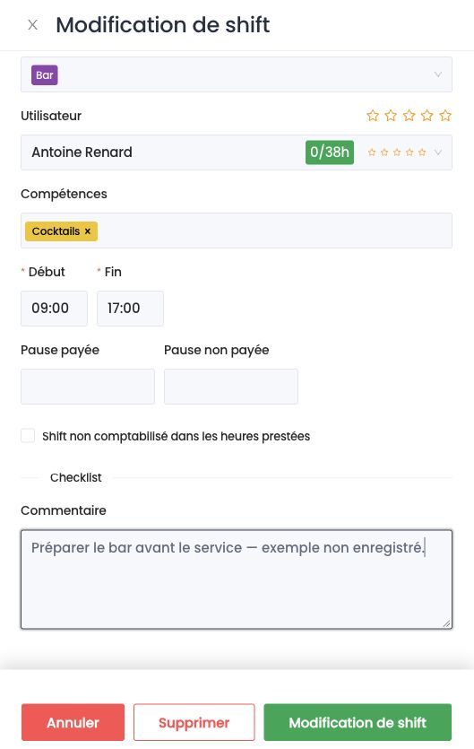 Champ Commentaire du panneau Modification de shift