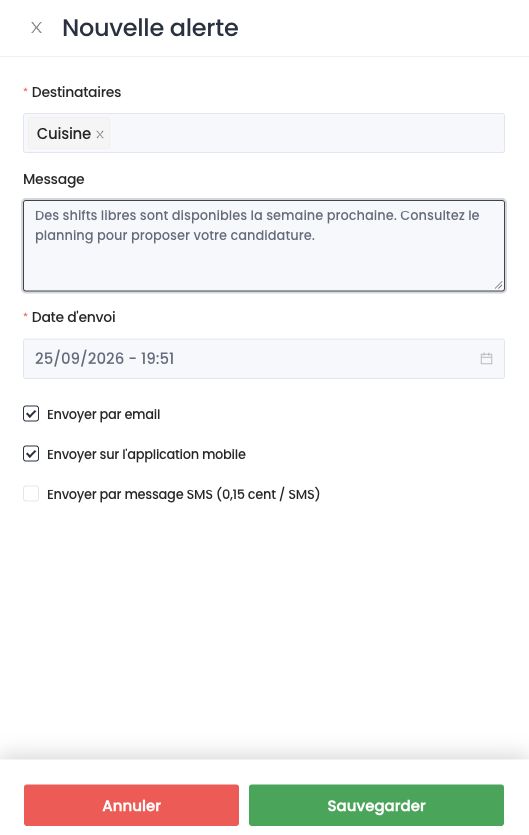 Panneau Nouvelle alerte : destinataires, message, date d'envoi et canaux email, application et SMS