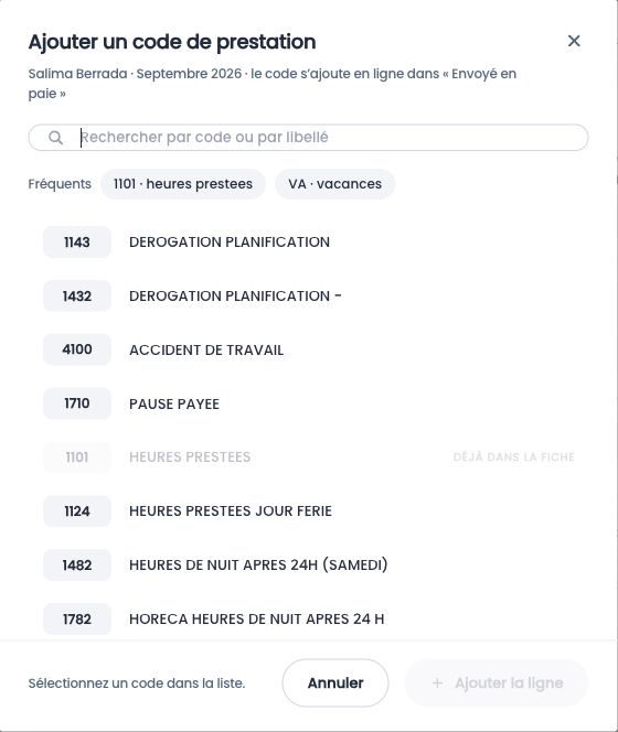 Fenêtre Ajouter un code de prestation, avec les codes fréquents et la recherche