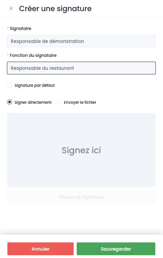 Panneau Créer une signature : signataire, fonction et signature tracée ou chargée
