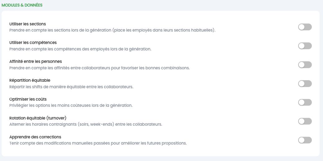Modules et données : sections, compétences, affinités, équité, coûts, rotation et apprentissage