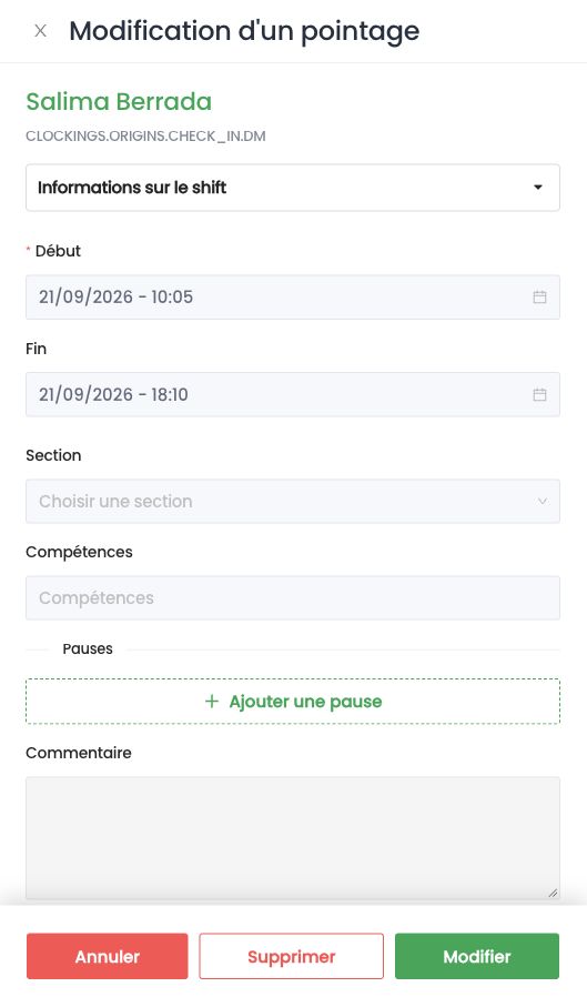 Panneau de détail d'un pointage, avec sa section Pauses