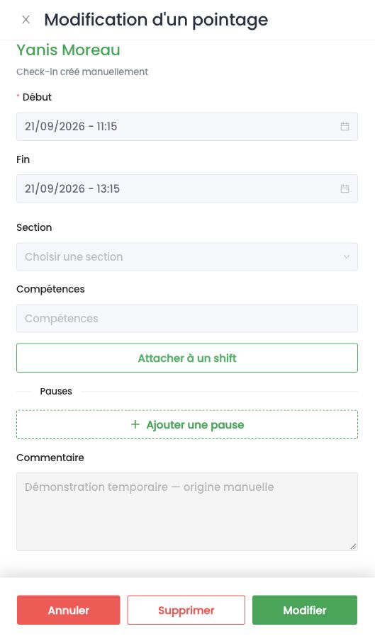 Bouton Attacher à un shift dans le panneau de détail du pointage