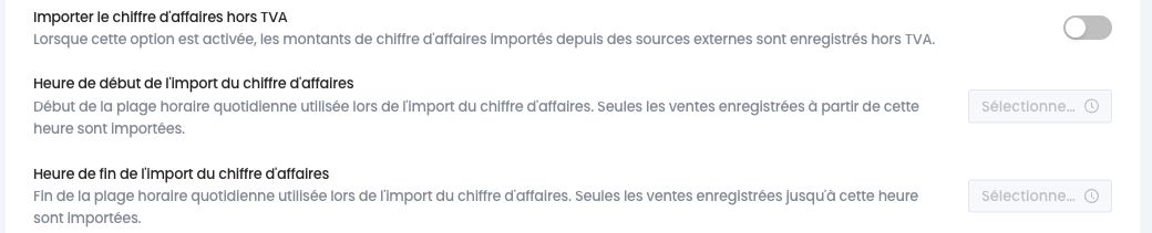 Réglages Import hors TVA, heure de début et heure de fin de l'import du chiffre d'affaires