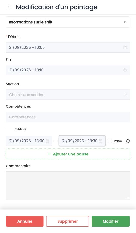 Correction d'une pause dans un pointage