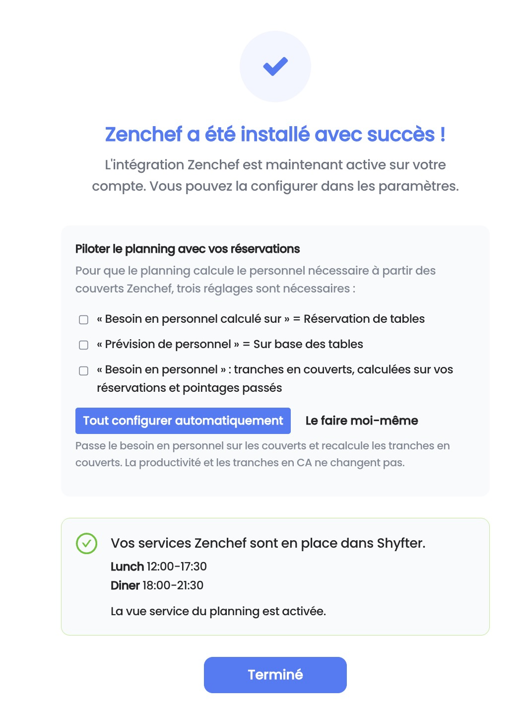 Fin de l'installation : Piloter le planning avec vos réservations, et services Zenchef repris dans Shyfter