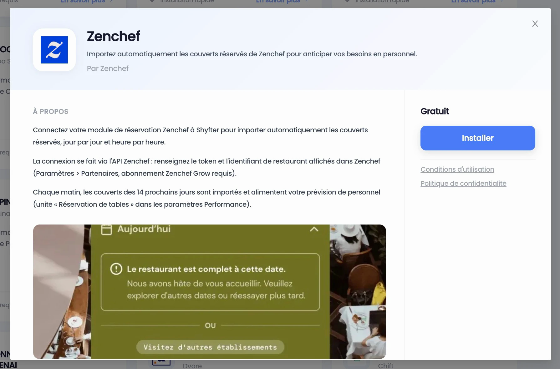 Fiche Zenchef dans Paramètres, Intégrations, avec le bouton Installer