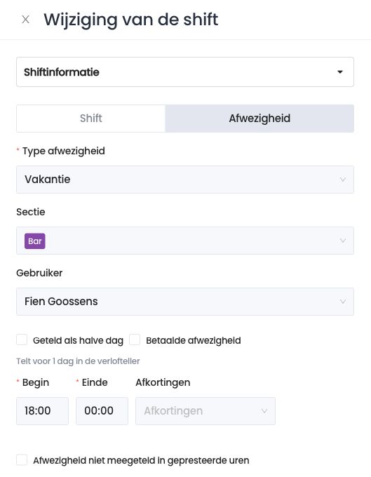 Tabblad Afwezigheid van het paneel: type, gebruiker, halve dag, betaalde afwezigheid en uren