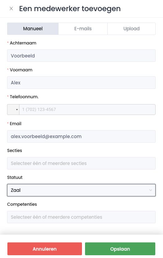 Tabblad Manueel van het paneel Een medewerker toevoegen