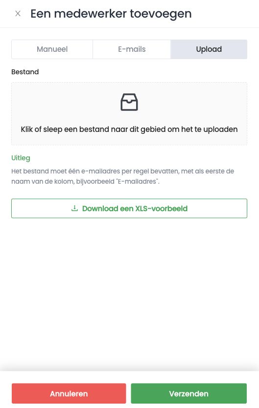 Tabblad Upload: een bestand uploaden, met een XLS-voorbeeld om te downloaden