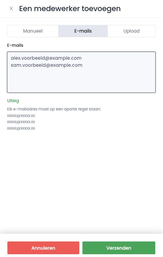 Tabblad E-mails: één adres per regel