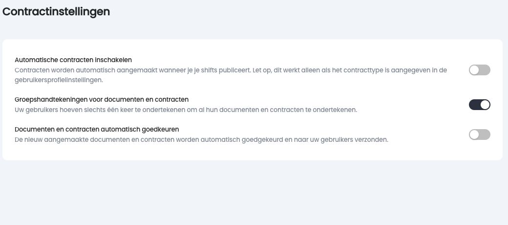 Contractinstellingen, met de optie Automatische contracten inschakelen