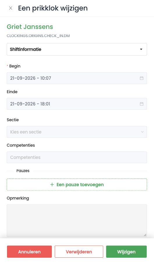 Paneel Een prikklok wijzigen: uren, sectie, competenties, pauzes en opmerking