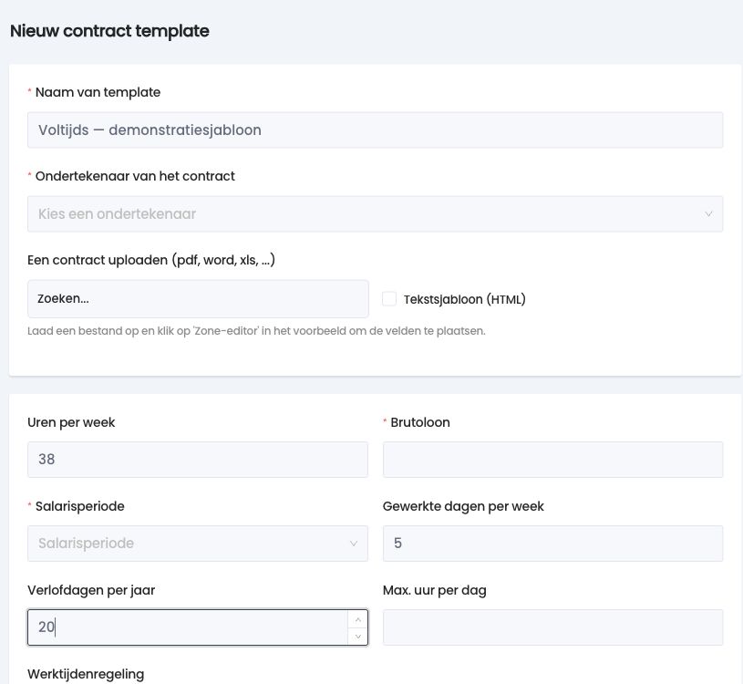 Nieuw contractsjabloon op basis van een geladen bestand, met de contractgegevens