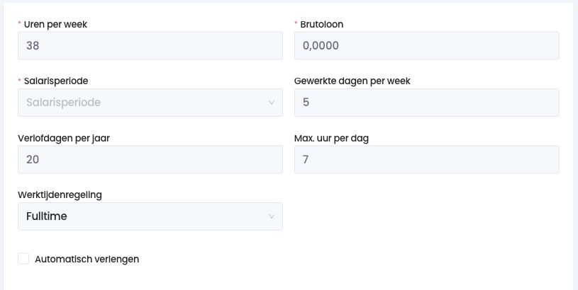 Contractgegevens: uren, brutoloon, salarisperiode, werktijdenregeling en automatische verlenging