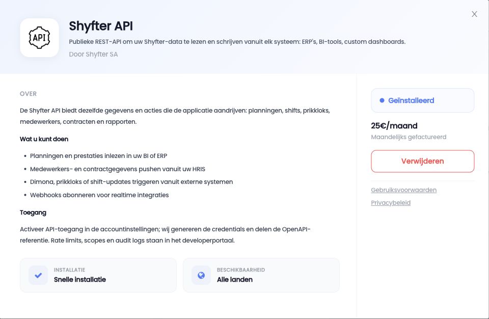 Fiche Shyfter API in de catalogus van integraties